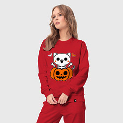 Костюм хлопковый женский Веселый кот-скелет в тыкве - Хэллоуин, цвет: красный — фото 2