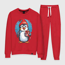 Костюм хлопковый женский Пингвин с новогодним подарком, цвет: красный