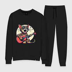 Костюм хлопковый женский Забавный полосатый кот играет на гитаре, цвет: черный