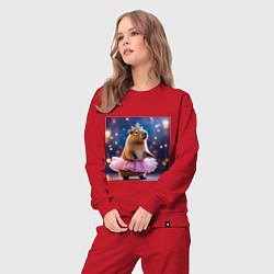 Костюм хлопковый женский Мем капибара балерина в розовой юбочке и короне, цвет: красный — фото 2