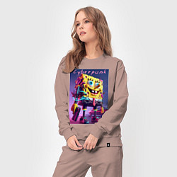 Костюм хлопковый женский Sponge Bob with a pistol - cyberpunk ai art, цвет: пыльно-розовый — фото 2