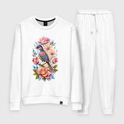 Костюм хлопковый женский Птица Калипта Анны среди цветов, цвет: белый