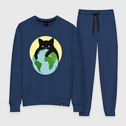Костюм хлопковый женский Котик, обнимающий землю в космосе, цвет: тёмно-синий