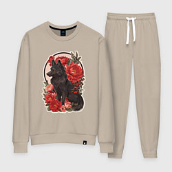 Женский костюм Чёрный волк и красные цветы