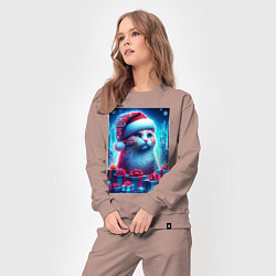 Костюм хлопковый женский Новогодний котик среди подарков, цвет: пыльно-розовый — фото 2