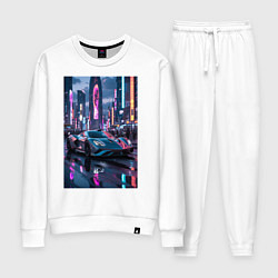 Костюм хлопковый женский Суперкар на фоне небостребов, цвет: белый