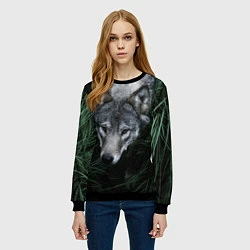 Свитшот женский Волк в траве, цвет: 3D-черный — фото 2