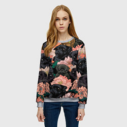 Свитшот женский Мопсы и Цветы, цвет: 3D-меланж — фото 2
