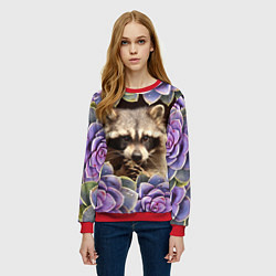Свитшот женский Енот среди цветов, цвет: 3D-красный — фото 2