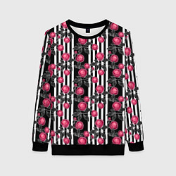 Свитшот женский Акварельные розы на полосатом, цвет: 3D-черный