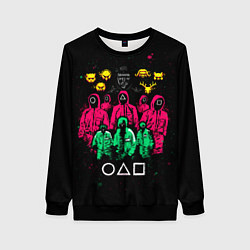 Свитшот женский Игра в кальмара: игроки, охранники, ведущий, гости, цвет: 3D-черный