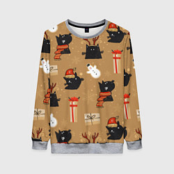 Свитшот женский Черные новогодние коты, цвет: 3D-меланж