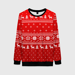 Свитшот женский Красный узор с оленями, цвет: 3D-черный