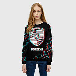 Свитшот женский Значок Porsche в стиле Glitch на темном фоне, цвет: 3D-черный — фото 2