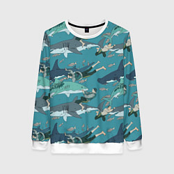 Свитшот женский Ныряльщики и акулы - паттерн, цвет: 3D-белый