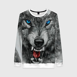 Свитшот женский Агрессивный волк с синими глазами, цвет: 3D-белый