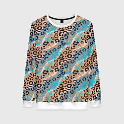 Свитшот женский Леопардовый узор на синих, бежевых диагональных по, цвет: 3D-белый