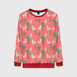 Свитшот женский Три забавных альпака среди кактусов, цвет: 3D-красный