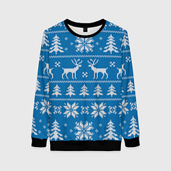 Свитшот женский Рождественский синий свитер с оленями, цвет: 3D-черный