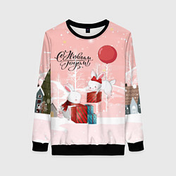 Свитшот женский Зайчики упаковывают подарки к новому году, цвет: 3D-черный