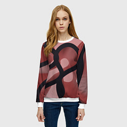Свитшот женский Тёмные волнообразные линии на красном фоне, цвет: 3D-белый — фото 2
