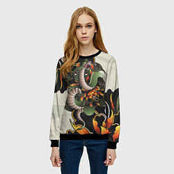 Свитшот женский Змея в японских пионах, цвет: 3D-черный — фото 2