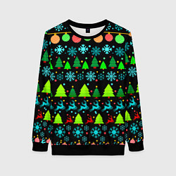 Свитшот женский Узор с ёлками и оленями, цвет: 3D-черный