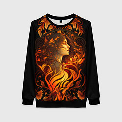 Свитшот женский Девушка в стиле ар-нуво с огнем и осенними листьям, цвет: 3D-черный