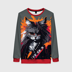 Свитшот женский Rocker Cat on a gray background - C-Cats collectio, цвет: 3D-красный
