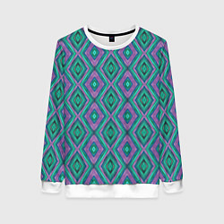 Свитшот женский Зелено-фиолетовые ромбы: орнамент, цвет: 3D-белый