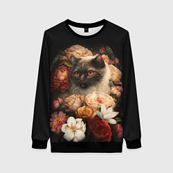 Свитшот женский Милый котик окружённый цветами, цвет: 3D-черный