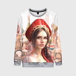 Свитшот женский Девушка в кокошнике с косой - кремль, цвет: 3D-меланж