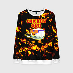 Свитшот женский Chicken Gun на фоне огня, цвет: 3D-белый
