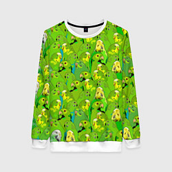 Свитшот женский Зеленые волнистые попугайчики, цвет: 3D-белый