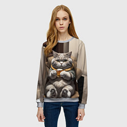 Свитшот женский Кот сидит на диване с напитком, цвет: 3D-меланж — фото 2