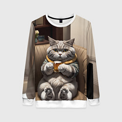 Женский свитшот Кот сидит на диване с напитком