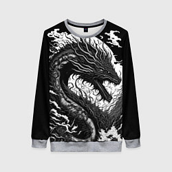 Свитшот женский Черно-белый дракон и волны, цвет: 3D-меланж