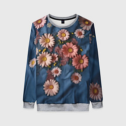 Свитшот женский Хризантемы на джинсе, цвет: 3D-меланж