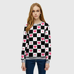 Свитшот женский Розовые сердечки на фоне шахматной черно-белой дос, цвет: 3D-меланж — фото 2