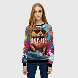 Свитшот женский Капибара в очках на красочных волнах, цвет: 3D-черный — фото 2