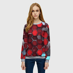 Свитшот женский Cyber hexagon red, цвет: 3D-меланж — фото 2