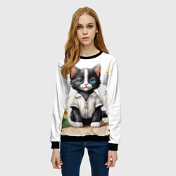 Свитшот женский Котенок на цветочной поляне, цвет: 3D-черный — фото 2