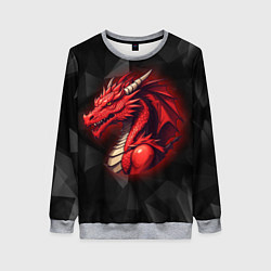 Женский свитшот Красный дракон на полигональном черном фоне