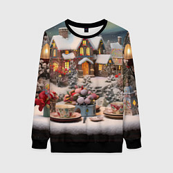 Свитшот женский Объемные новогодние домики, цвет: 3D-черный