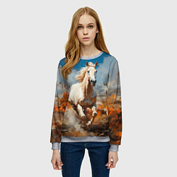 Свитшот женский Белая лошадь скачет в поле, цвет: 3D-меланж — фото 2