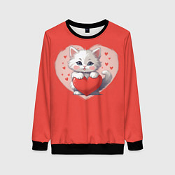 Женский свитшот Мультяшный котенок держит красное сердечко