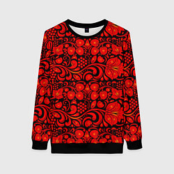Свитшот женский Хохломская роспись красные цветы и ягоды на чёрном, цвет: 3D-черный