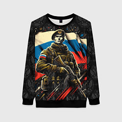 Свитшот женский Русский солдат на фоне флага России, цвет: 3D-черный
