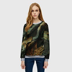 Свитшот женский Реалистичный охотничий камуфляж из ткани и листьев, цвет: 3D-меланж — фото 2