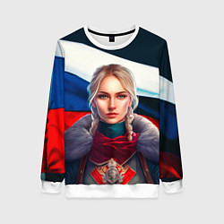 Свитшот женский Блондинка с косами - флаг России, цвет: 3D-белый
